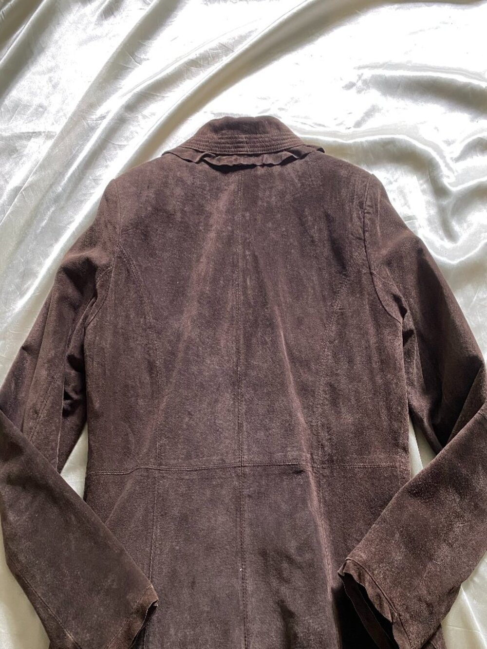 Vintage 1990s Parisian Chocolate Brown Suede Ruffle Blazer Small Boho Chic - Picture 7 of 8